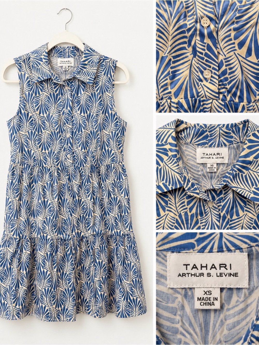 Tahari Blue and Cream Leaf-Print Collared Tiered Dress